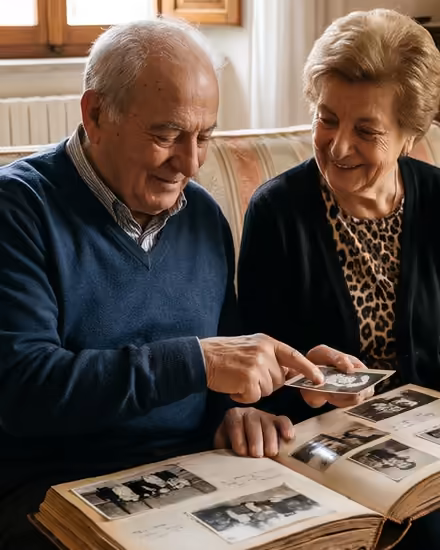 Elderly couple looking through an old family photo album