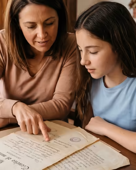 Mother and daughter reading an old Italian civil record together